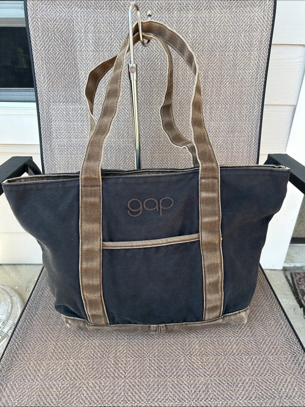 GAP Vintage Black Canvas Tote with Brown Trim and Logo